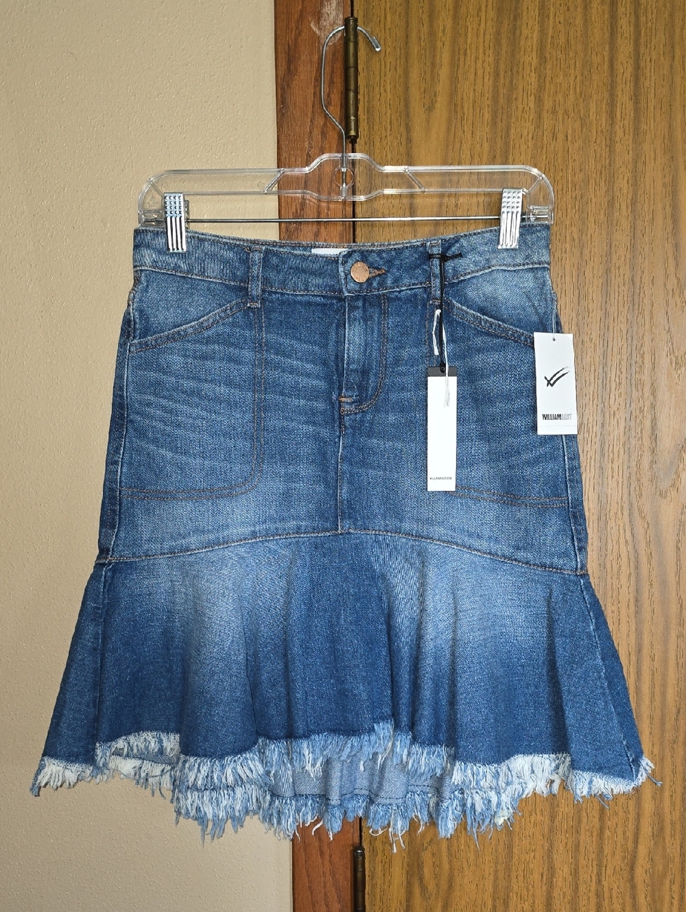 William Rast Blue Denim Flared Skirt with Frayed Hem
